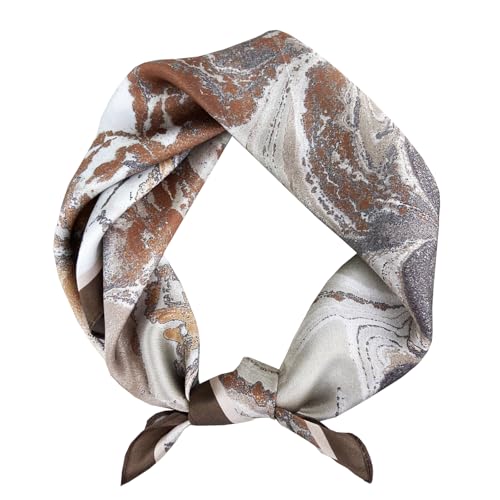 Women's Small 21 inch 100% Silk Scarf Bandana for Head Neck Hair | 100% Mulberry Silk Lightweight Designs Gift-Ready Packaging For Hair Fashion 21"x21" Printed - color: 301whie Brown