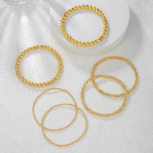 Gold Bracelets for Women 14K Gold Plated Beaded Non Tarnish Bracelets Stretch Bead Ball Bracelet Stack Set Jewelry for Gifts - color: D SET 6PC