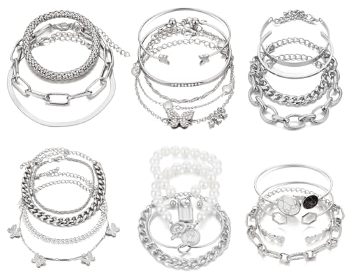 IFKM Gold Chain Bracelets Set for Women, 14K Gold Plated Multiple Layered Stackable Open Cuff Bangle Bracelet Anklet Bracelets Adjustable Link Tennis Beads Italian Cuban Jewelry for Women Gift - style: 24PCS Silver Set