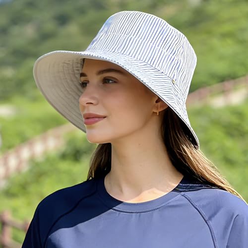 Women's Summer Sun Hat - Reversible Design with Striped Lining Adjustable Brim for Travel and Outings Cap - color: Stripes-gray