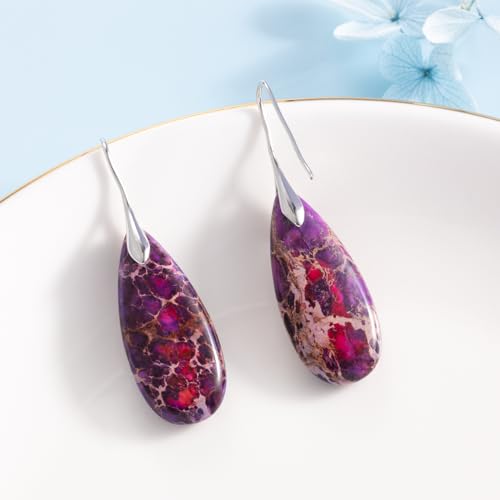 SELOVO Stone Fishhook Dangle Drop Earrings Statement Earrings for Women Stone - color: Reddish Violet-Silver Color Hook