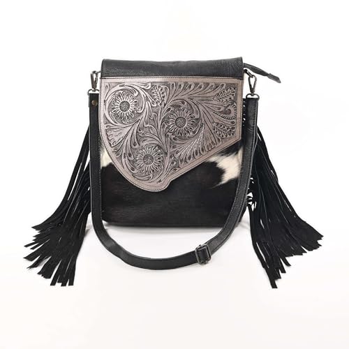 Merbaa Sunset Star Crossbody Bag - Real Cowhide Hairon Women's Handbag with Leather Fringes - color: Black