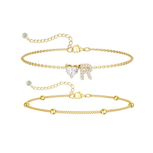CAROVO Gold Ankle Bracelets for Women Waterproof 14K Real Gold Plated CZ Initial Anklet for Women Dainty Layered Letter A-Z Heart Ankle Bracelets Handmade Adjustable Anklet Summer Beach Jewelry - style: R