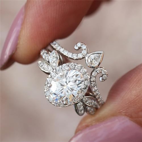 925 Sterling Silver Shiny Full Diamond Gemstone Ring 18K Gold 2PCS Oval Cut Cubic Zirconia Promise Rings Set CZ Diamond Multi Row Ring Eternity Engagement Wedding Band Ring Sets Z.113 (US Code 6) - size: US Code 6