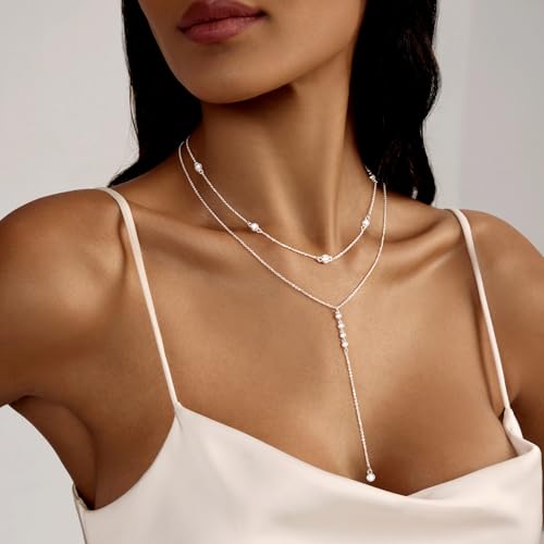 Luxval Lariat Silver Necklace for Women, Dainty Long Necklace Silver Y-Shaped Pendant Necklaces Trendy Beaded Chain Drop Necklaces Jewelry for Women Gifts - color: Silver-Layered 4CZ Y Necklace