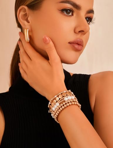 KISS WIFE Bracelets for Women, 13 Pcs Gold Silver Beaded Bracelet Stack with Faux Pearl, Stretch Elastic Strand Ball Fashion Jewelry Set, Adjustable Accessories Gifts - color: Gold