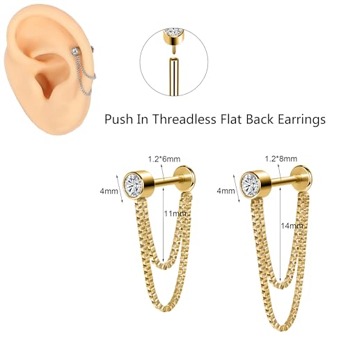 AoedeJ 2 Pairs Stud Earrings for Cartilage - Threadless Flat Back Earrings for Women - color: Gold-Chain1