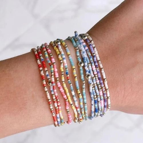 Colorful Beaded Bracelet Stack for Women,3PCS Handmade Bohemian Gold Plated Ball Stretch Stackable Bracelets Set Fashion Jewelry Gift Friendship - color: Blue