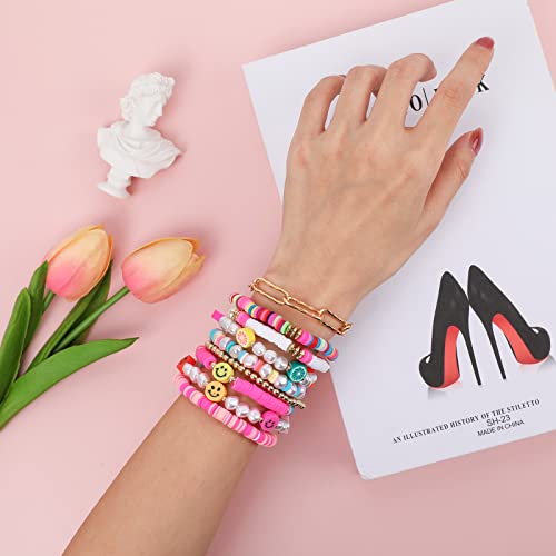 Colorful Heishi Surfer Bracelets Set for Women Stackable Clay Beaded Bracelets Disc Stretch Preppy Bracelets Smiley Face Friendship Bracelets Team Cheer Bulk Boho Summer Beach Jewelry Gift - color: Pink Preppy Beads