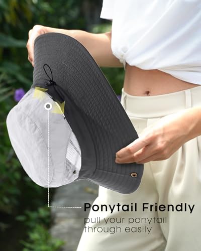 FURTALK Womens Sun Hat with Ponytail Hole Beach Hiking Summer Wide Brim UPF 50+ Outdoor Protection Foldable Bucket Hat - color: Grey
