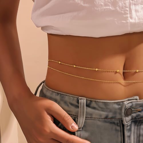 14K Gold Plated Waist Chain for Women, 2Pcs Adjustable Pearl Beads Body Chain, Sexy Layered Summer Beach Bikini Belly Jewelry Accessories - style: Chain&Bead