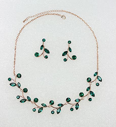 Faship Gorgeous Rhinestone Crystal Floral Necklace Earrings Set - color: Green / Rose gold plated