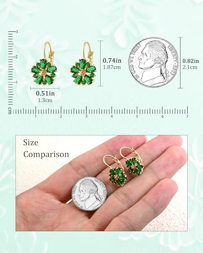 Vintage 14K Gold Plated Flower Birthstone Earrings - Hypoallergenic Leverback Floral Earrings, Trendy Jewelry Gifts for Women - color: Emerald Green