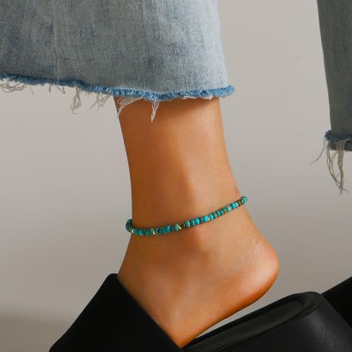 Natural Stone Beaded Anklets Bracelets for Women Handmade Beaded Anklet Bracelet Waterproof Boho Beads Ankle Bracelet Adjustable Summer Jewelry - color: light blue