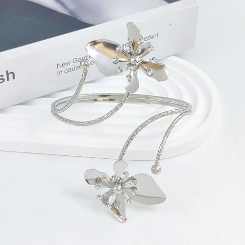 Arm Cuff Jewelry for Women Adjustable Flower Cuff Bangle Bracelet Gold Armband Upper Jewelry Gifts for Women Boho Western Accessories - color: B2:silver flower