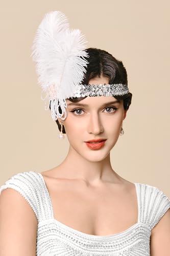 BABEYOND 1920s Feather Flapper Headband - Vintage Sequin Headpiece for Gatsby Party Roaring 20s Costume Accessories - color: White