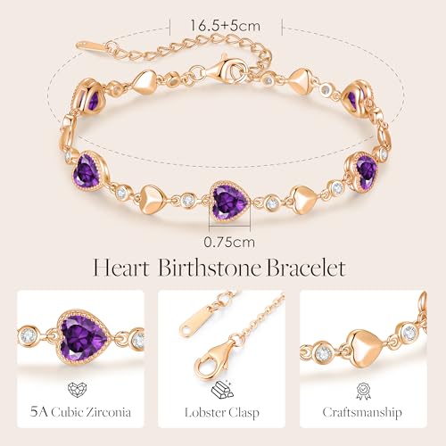 925 Sterling Silver Birthstone Heart Bracelet Jewelry Gift for Women | Rose Gold Plated Bracelets,Hypoallergenic,Adjustable Chain Personalized Anniversary Christmas Jewelry Gift for Mom Wife - color: Rose Gold-02-Feb