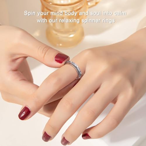 Ladytree Spinner Fidget Ring Sterling Silver Thumb Band for Women Anxiety Ring Platinum Plated Worry Stress Relief Just Breathe Boredom ADHD Autism Rings Boho Jewelry Gift - color: D-oxidized lotus
