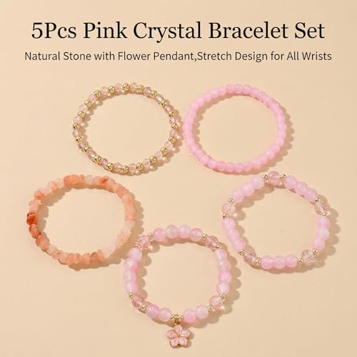 LOTSOF Boho Flower Beaded Bracelet Set for Women - Multilayer Crystal & Flower Charm Stackable Bracelets, Fashion Jewelry Gift for Her - color: Pink