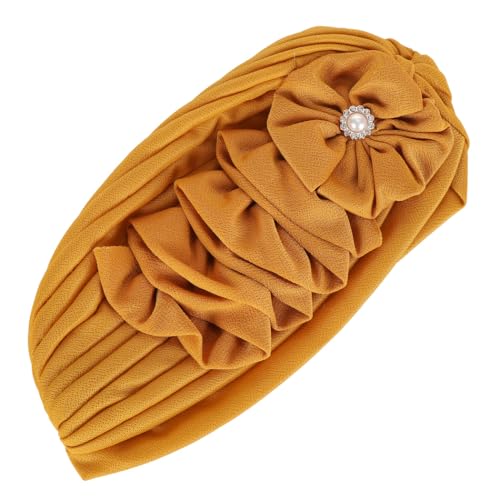 Flower Turban Hats for Women - Ruffle Bead Stretch Solid Caps Chemo Cancer Pre Tied Headscarf Headwear - color: Yellow