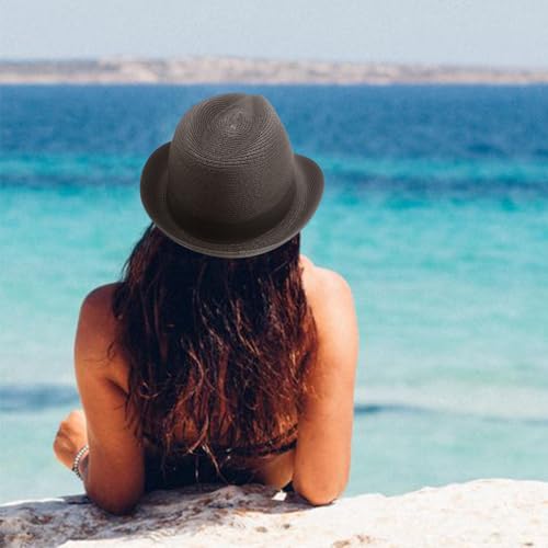 DRESHOW Women Straw Sun Hat Short Brim Panama Travel Fedora Summer Hat Roll Up Beach Cap for Women UPF 50+ - color: 1 Pc Ribbon Straw Hat: Black