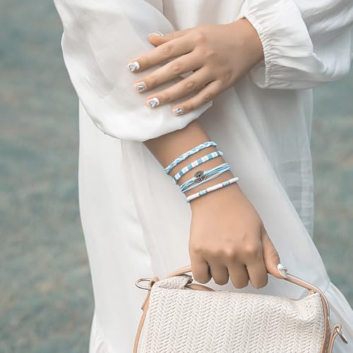 FANCY SHINY Boho Nautical Compass String Bracelets Beaded Clay Beads Bracelet Stackable Friendship Bracelets Summer Beach Outfits for Women Girls - color: Turquoise