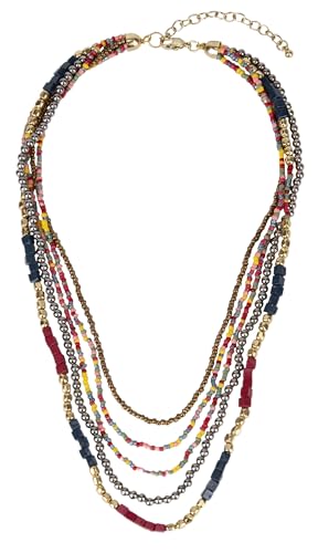 SPUNKYsoul Colorful Boho Multistrand Beaded Necklace — Layered Seed Beads in Black, Gold, Red, Teal and Navy for Effortless, Free-Spirited Style Varies 16-20 inches with 3 inch Extension Chain - style: "Lúcia" Navy Red Gold