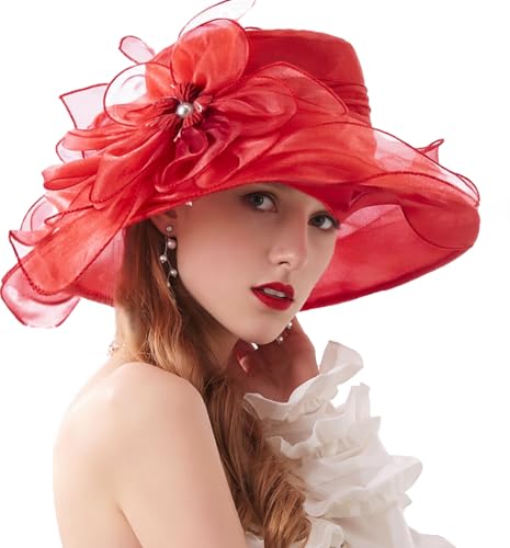 ORIDOOR Women’s Organza Church Tea Party Wedding Fascinator Derby Hat Wide Brim Sun Hats - color: C4-red