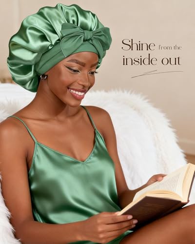 YANIBEST Adjustable Satin Bonnet for Sleeping Women Double Layer Hair Wrap Reduce Friction Prevent Frizz Natural Curly Hair - color: Sage
