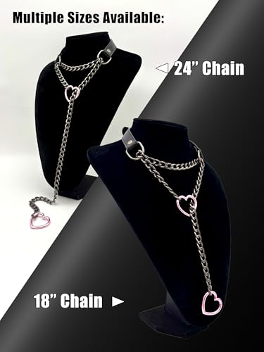 Black Leather Choker Collar For Women, Handmade Heart Slip Chain Choker Long Necklace with Adjustable Buckle - color: B-Black-Black-Pink, size: 24''chain