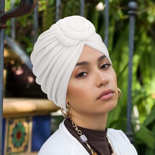 DRESHOW 5 Pack Knotted Headwraps for Women African Turban Pre-Knotted Beanie Headwraps Hair Covers - color: 5 Pcs Donut Flower: White, Yellow, Navy Blue, Dark Coffee, Black