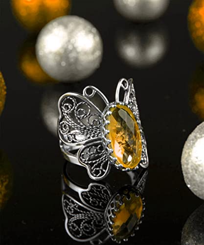 Filigranist Sterling Silver Filigree Art Butterfly Women Cocktail Ring with Gemstones - color: Citrine
