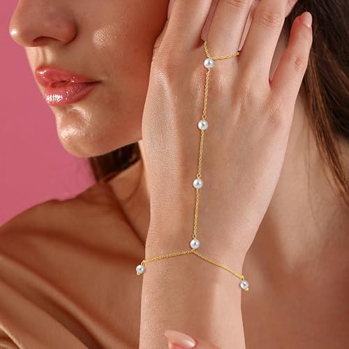 CHESKY 14k Gold Plated Hand Chain Bracelet for Women Trendy, Dainty Ring Bracelets Hand Chain Finger Nail Bracelet Simple Gold Hand Jewelry for Women Gifts - style: Pearl