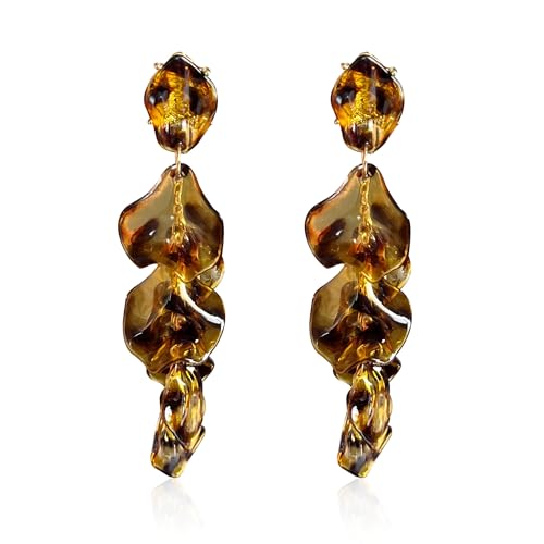 Long Acrylic Rose Petal Earrings Dangle Exaggerated Flower Earrings Drop Statement Floral Tassel Earrings for Women - color: Amber