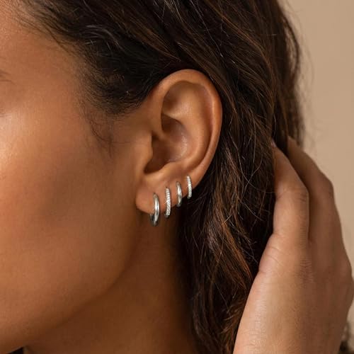 4 Pair Small Gold Hoop Earrings for Women Sensitive Ears - Hypoallergenic 14k Real Gold Plated Hoops Zirconia Cartilage Huggie Earrings Set Helix Piercing Earring Gold Jewelry for Women Gift - color: 02-4 Pair Silver