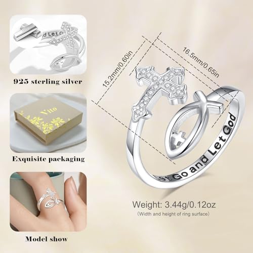 Vito 925 Sterling Silver Adjustable Open Spoon Ring for Women Men, Lotus Sunflower Snake Spoon Band Rings Feather Hug Witches Knot Inspirational Jewelry Gift for Wife - style: Jesus Fish-Silver