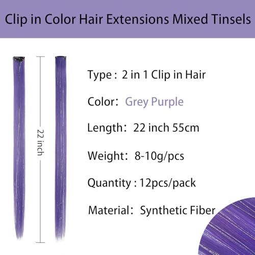 12pcs Clip in Rainbow Hair Extensions, 22 Inch 2 in 1 Hair Mixed Tinsels, Holiday Party Highlights(Grey Purple) - color: Grey Purple