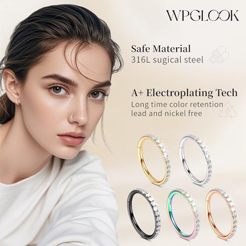 2Pcs Nose Ring Hoop Set: 14G 16G 18G 20G 316L Surgical Steel Septum Rings Hypoallergenic Body Jewelry 6/7/8/9/10/12MM Cartilage Earrings for Women Men - color: Black-2pcs cz rings