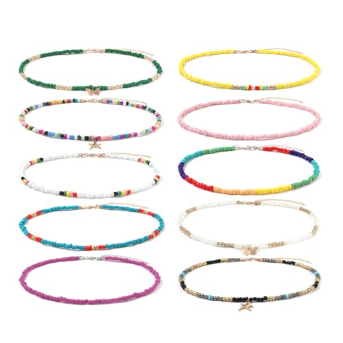 Bohemian Beaded Choker Necklace for Women Adjustable Colorful Rice Bead Necklace Handmade Beach Necklace Boho Beach Summer Ocean Hawaii Jewelry For Women Men - color: Yellow