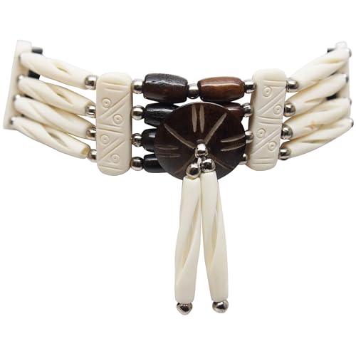 Native American Style Choker Necklace, Black/White 4 Row W/Tassels | American Indian Inspired Jewelry With Authentic Buffalo Bone Hairpipe Beads