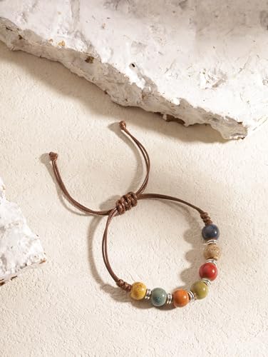 MINACHI Bohemian Colorful Ceramic Bead Adjustable Leather Bracelet, Boho Hippie Summer Jewelry Gift for Women - color: S05