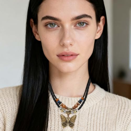Boho Necklace for Women,Vintage Butterfly Pendant Necklaces,Adjustable Wooden Beads Layered Braided Choker,Fashion Tribal Style Leather Rope Necklace Jewelry,Chunky Statement Gift for Women - color: Black