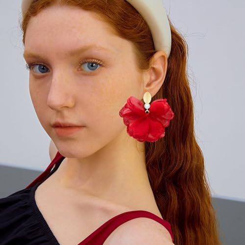 Handmade Fabric Flower Petal Fringe Dangle Drop Earrings Bohemian Floral Tassel Stud Earrings For Women - color: Red