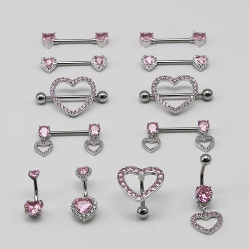 BSJ4U Nipple Ring and Belly Button Ring Set 14G Stainless Steel Sparkly Pink CZ Heart Bar Barbell Nipple Belly Piercing Body Jewelry - style: Lovely