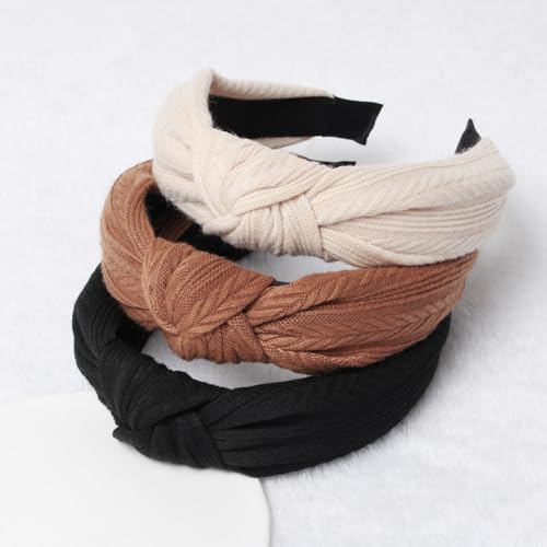Cuizhiyu Trendy Knotted Headbands for Women Nature Color Non Slip Headband for Womens 2.7 inch Wide Cute Headband for Girls Fall and Winter Head Bands Elastic Hair Bands Fashion Hair Accessories 3PK