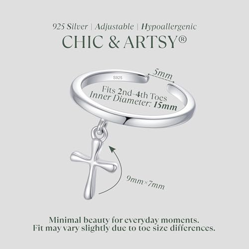 CHIC & ARTSY 925 Sterling Silver Open Toe Ring for Women - Lightweight Comfortable Yoga Toe Rings, Adjustable Stackable Toe Rings, Boho Coastal Vacation Beach Foot Jewellery - color: Cross