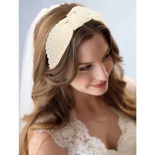YISSION 1PC Pearl Knotted Headband for Women Non Slip Beaded Headband Wide Pearl Headbands Jeweled Embellished Hairband Off-white Head Band Hair Accessories for Women Girls - color: Off-white