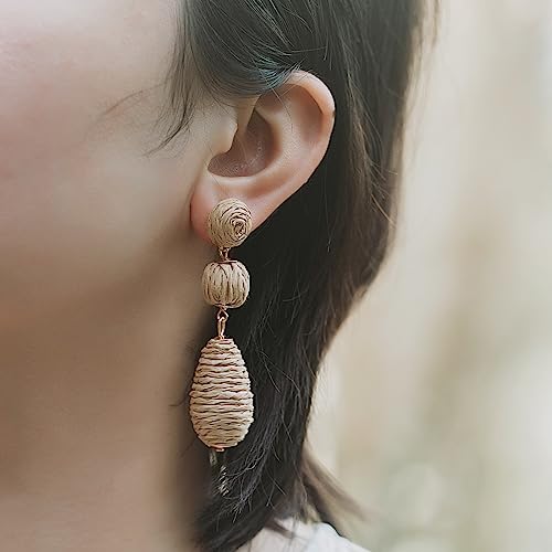 Boho Raffia Earrings Statement Dangle Earrings Cute Teardrop Ball Earrings Colorful Summer Jewelry Handmade Rattan Earrings for Women - color: Wheat