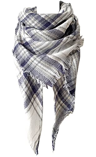 Wander Agio Womens Warm Long Shawl Winter Wraps Large Scarves Knit Cashmere Feel Plaid Triangle Scarf - color: Plaid Blue 34