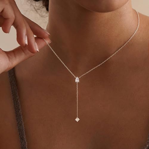 Gold Necklace for Women - Dainty Long Lariat Necklace 14K Gold Plated Clover Star Teardrop CZ Y Shaped Drop Necklaces Cute Long Necklaces for Women Trendy Prom Formal Womens Jewelry - color: Silver-LX Drop